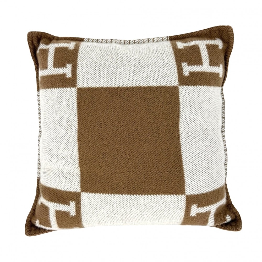 HERMES エルメス 雑貨 クッション アヴァロンPM Hロゴ インテリア メンズ レディース ウール  カシミヤ   ブラウン 茶 オフホワイト ユニセックス【中古品】