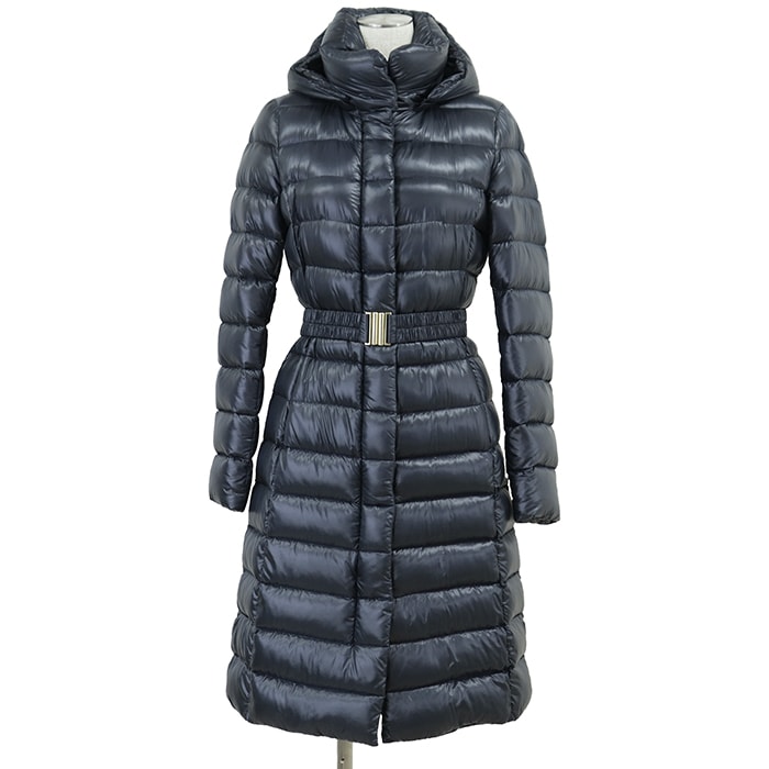 【SALE】Herno ヘルノ ダウンコート サイズ 40 レディース ナイロン100% フード取外可 アウター ベルト付属 ネイビー 紺 ルーマニア製