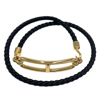 HERMES エルメス ブレスレット ルリ ドゥブルトゥール アクセサリー レザー ブラック 黒 ゴールド レディース 約10.1g 美品【中古品】