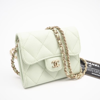 美品 CHANEL シャネル マトラッセ クラシック チェーン ミニウォレット AP0238 2wayショルダーバッグ グリーン キャビアスキン レディース