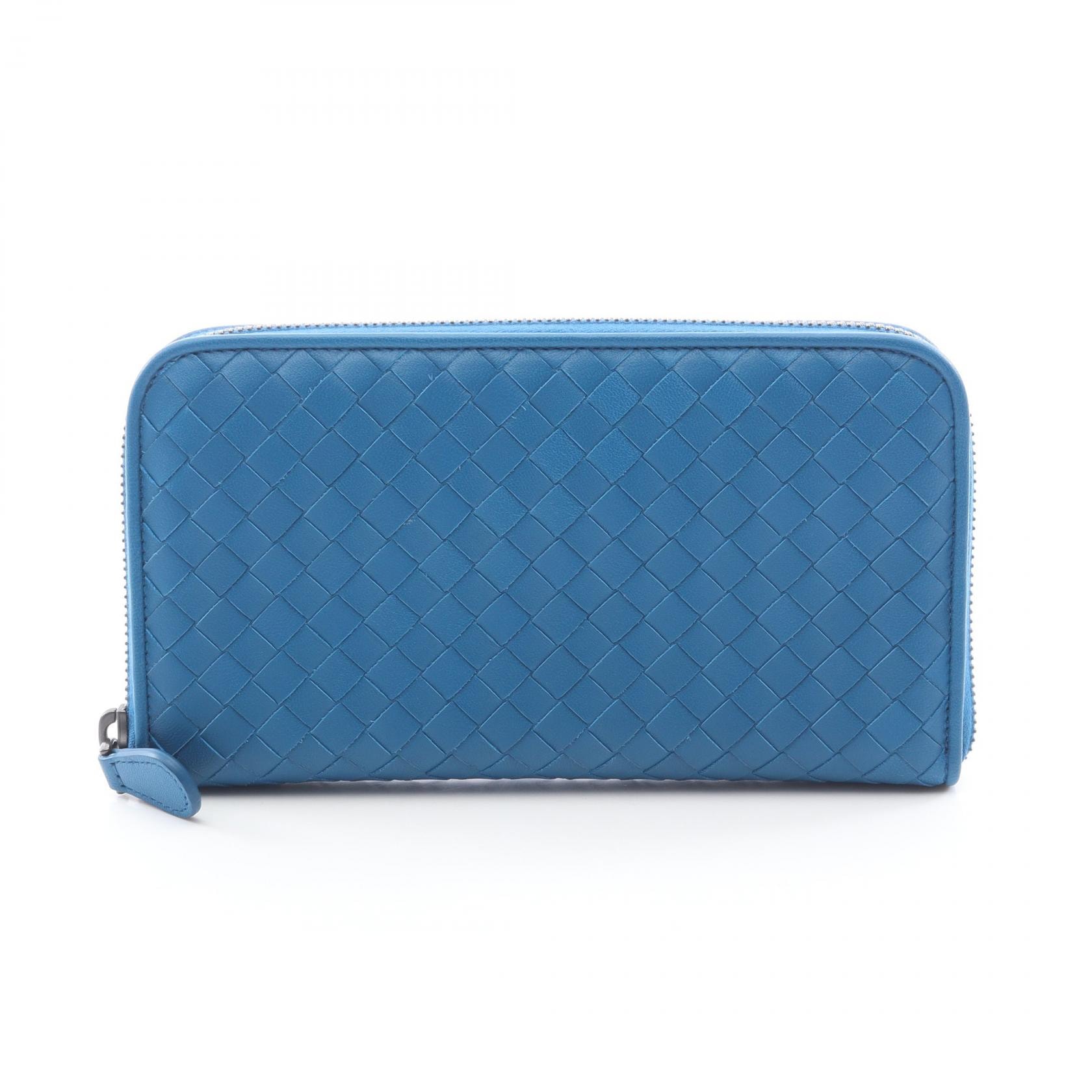 ボッテガヴェネタ BOTTEGA VENETA イントレチャート ラウンド長財布 財布 レザー メンズ レディース ブルー系 【中古】