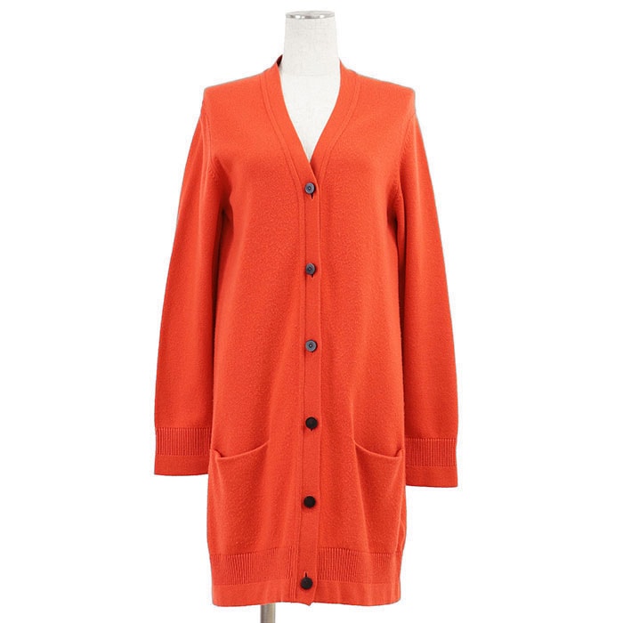 美品 エルメス ロングカーディガン カシミヤ100% ミドルゲージ ニット レディース オレンジレッド 38 HERMES