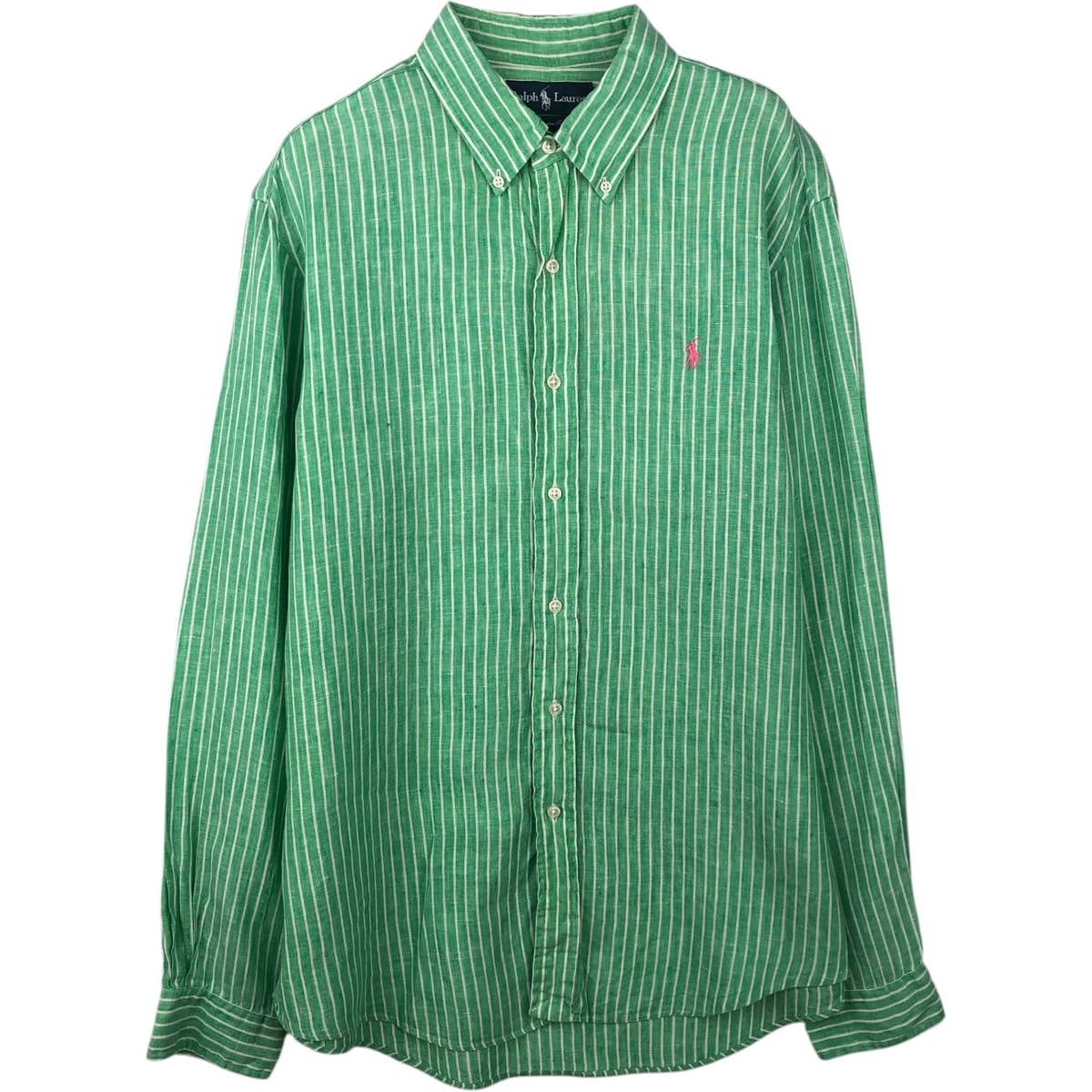 古着 ラルフローレン Ralph Lauren CUSTOM FIT ストライプ柄 長袖 リネン ボタンダウンシャツ メンズL相当/eaa637838