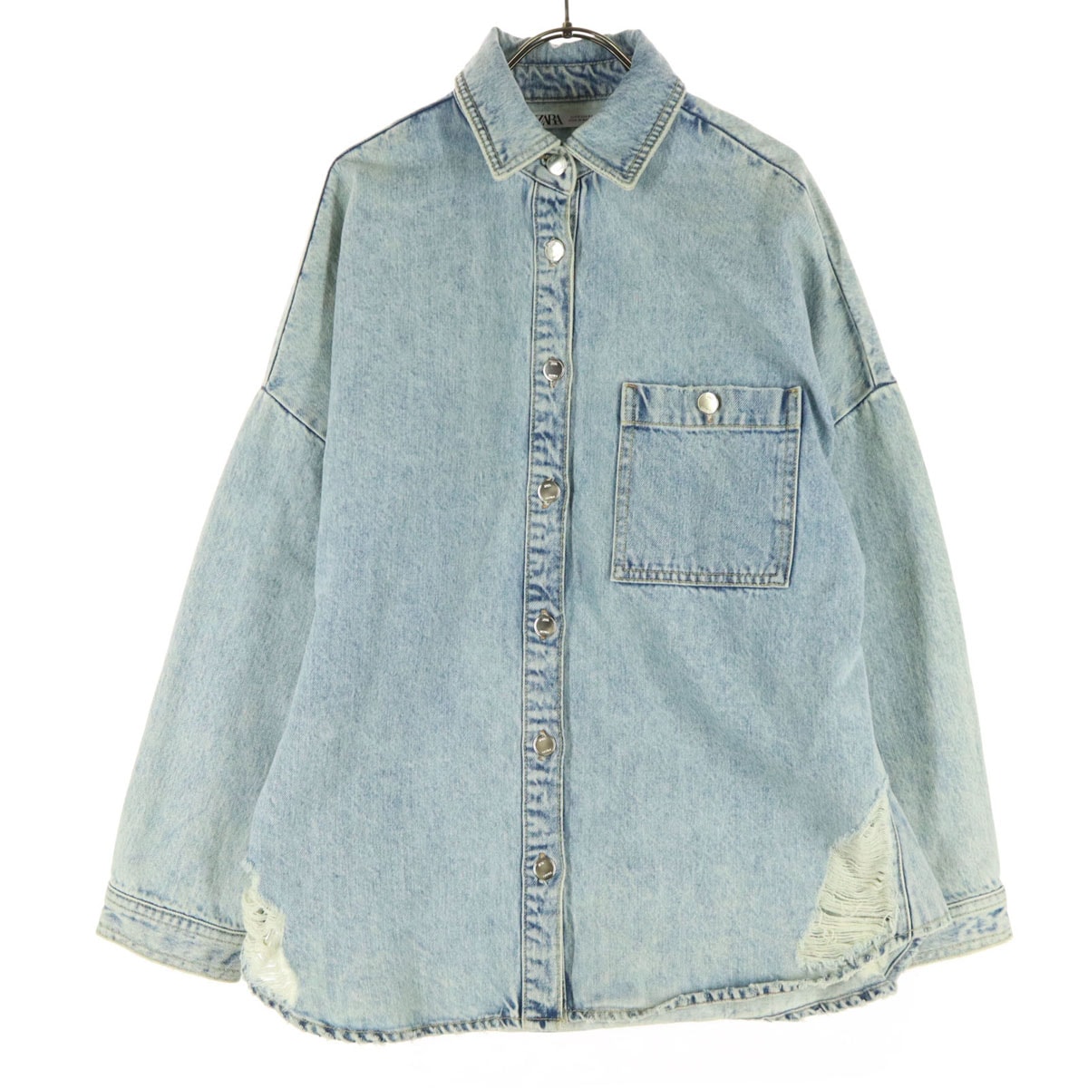 ZARA ザラ コットン 長袖 ダメージ加工 デニムシャツ S ブルー系