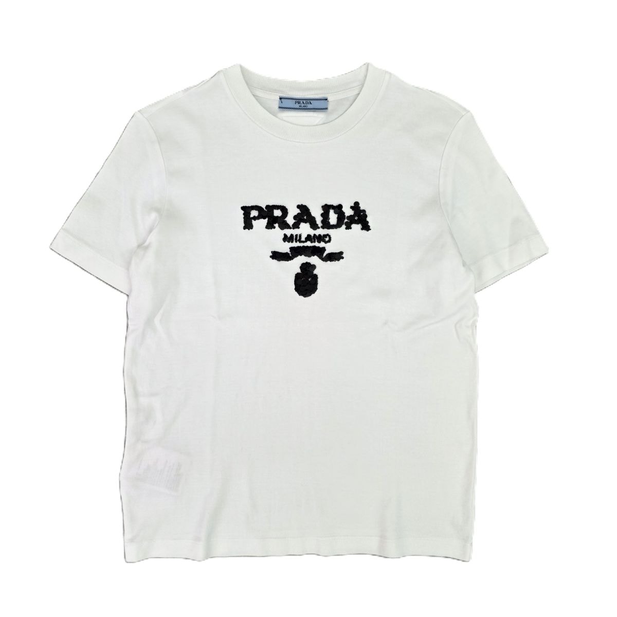 PRADA プラダ スパンコール  ロゴ 刺繍 クルーネック 半袖Tシャツ 35838R コットン ホワイト  レディース【中古】