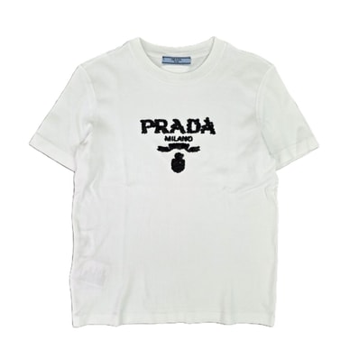 PRADA プラダ スパンコール ロゴ 刺繍 クルーネック 半袖Tシャツ 35838R コットン ホワイト レディース【中古】