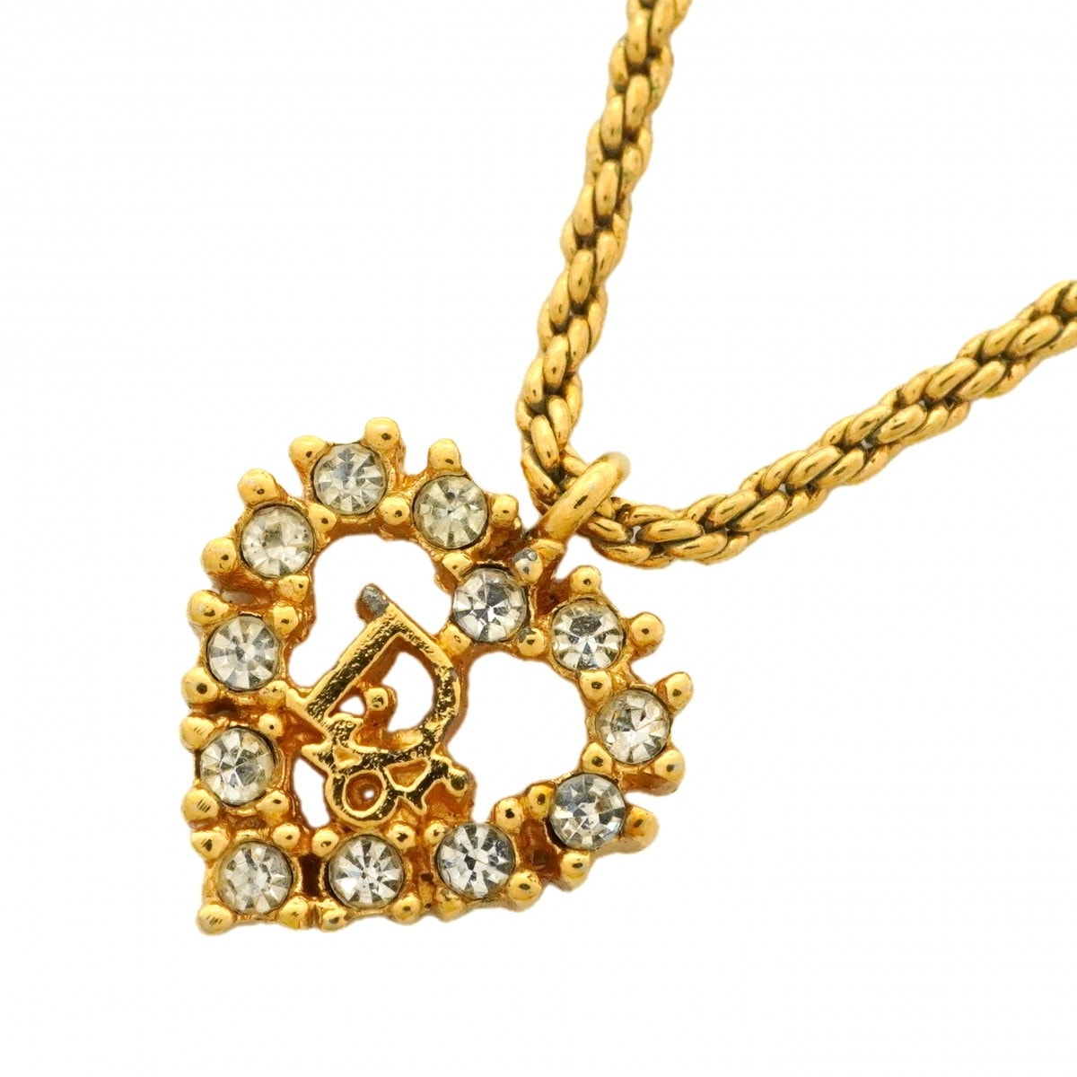 【6jbb0357-k】クリスチャンディオール ネックレス ディオールロゴ ハートモチーフ GPメッキ ラインストーン ゴールド【中古】レディース