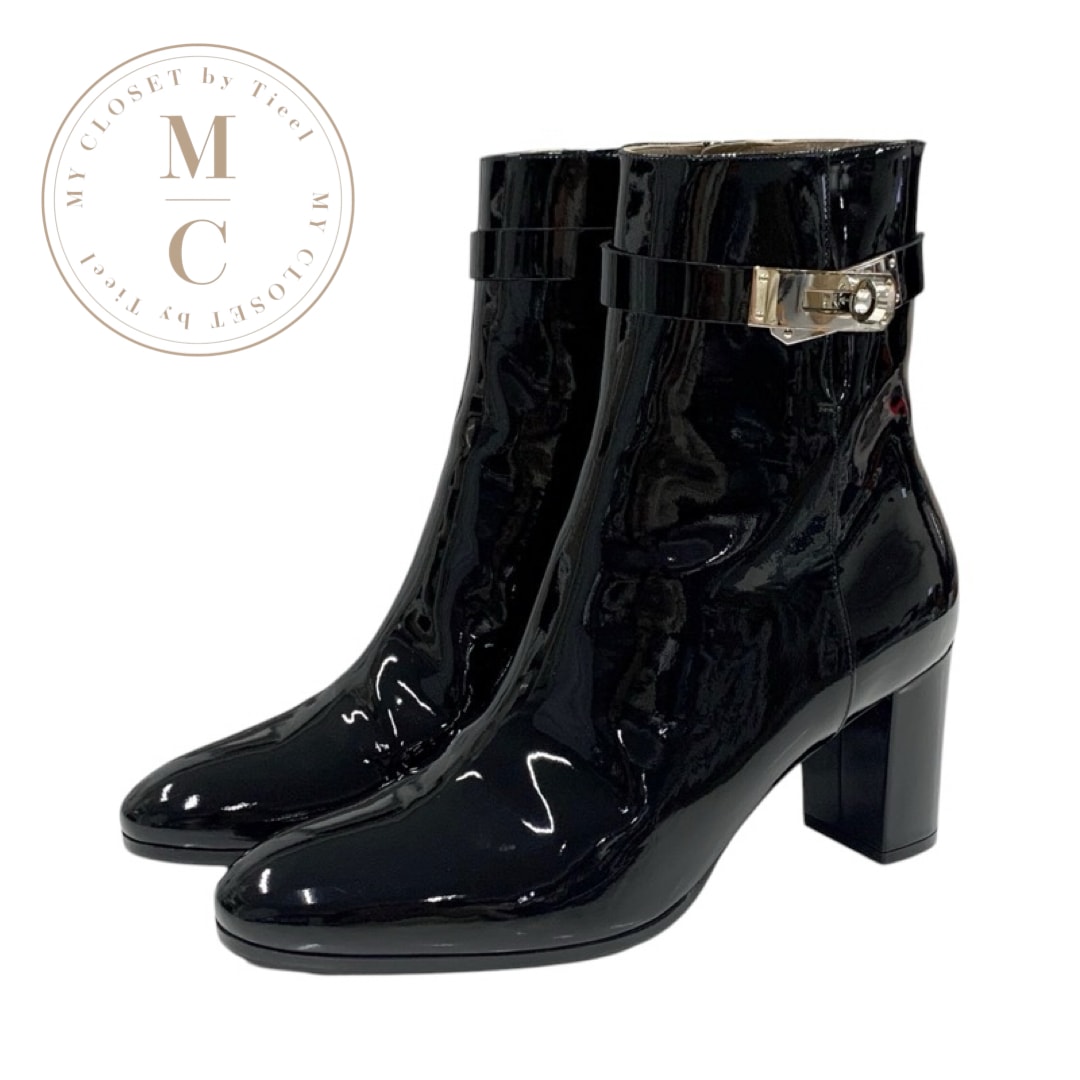 エルメス HERMES サンジェルマン ブーツ ショートブーツ 靴 シューズ パテント ブラック 黒 シルバー ケリー金具