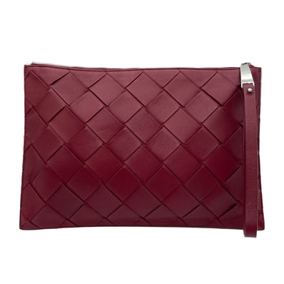 BOTTEGAVENETA ボッテガヴェネタ マキシイントレチャート クラッチバッグ ポーチ ラムレザー レッド メンズ 【中古】