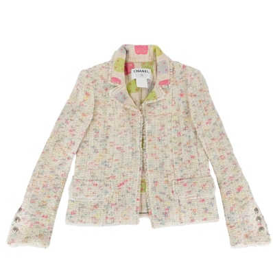 CHANEL シャネル アウター リボンボタン ツイード ジャケット アパレル 服 38 アイボリー マルチカラー ゴールド金具 レディース【中古品】