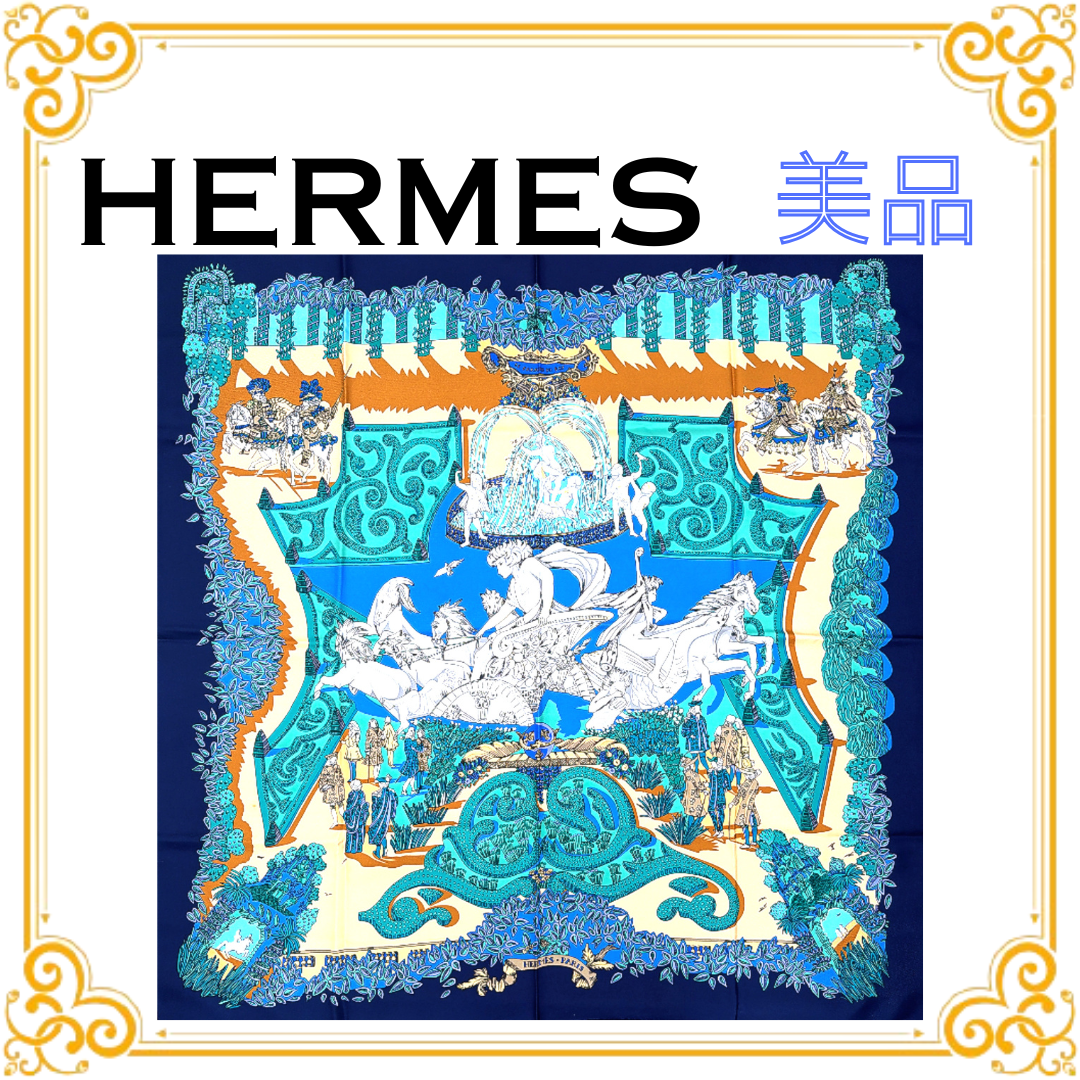 ■美品■ HERMES エルメス カレ90 LE PARADIS DU ROY 王の楽園 スカーフ シルク ブルー ネイビー ストール ショール 大判 総柄 レディース ギフト プレゼント