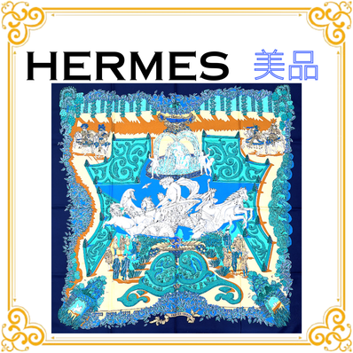 ■美品■ HERMES エルメス カレ90 LE PARADIS DU ROY 王の楽園 スカーフ シルク ブルー ネイビー ストール ショール 大判 総柄 レディース ギフト プレゼント
