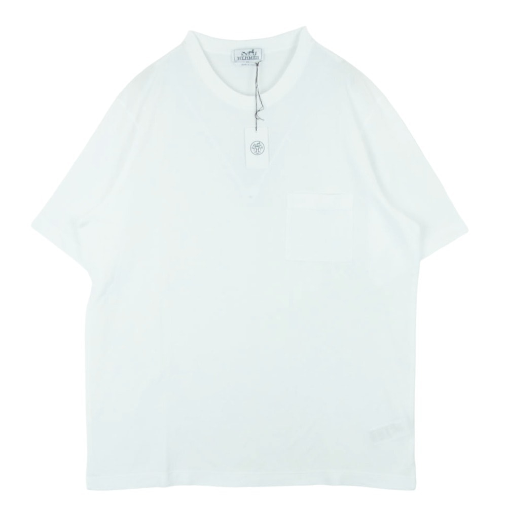 HERMES エルメス イタリア製 Hロゴ刺繍 コットン クルーネック カットソー 半袖 ポケット Tシャツ ホワイト系 XXL【極上美品】【中古】