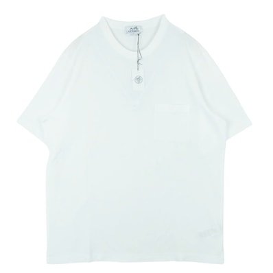 HERMES エルメス イタリア製 Hロゴ刺繍 コットン クルーネック カットソー 半袖 ポケット Tシャツ ホワイト系 XXL【極上美品】【中古】