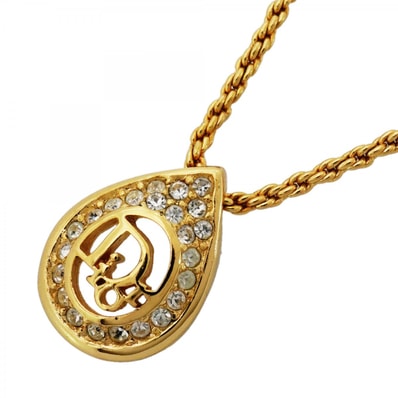 【6jdb0375】クリスチャンディオール ネックレス ディオールロゴ GPメッキ ラインストーン ゴールド【中古】レディース