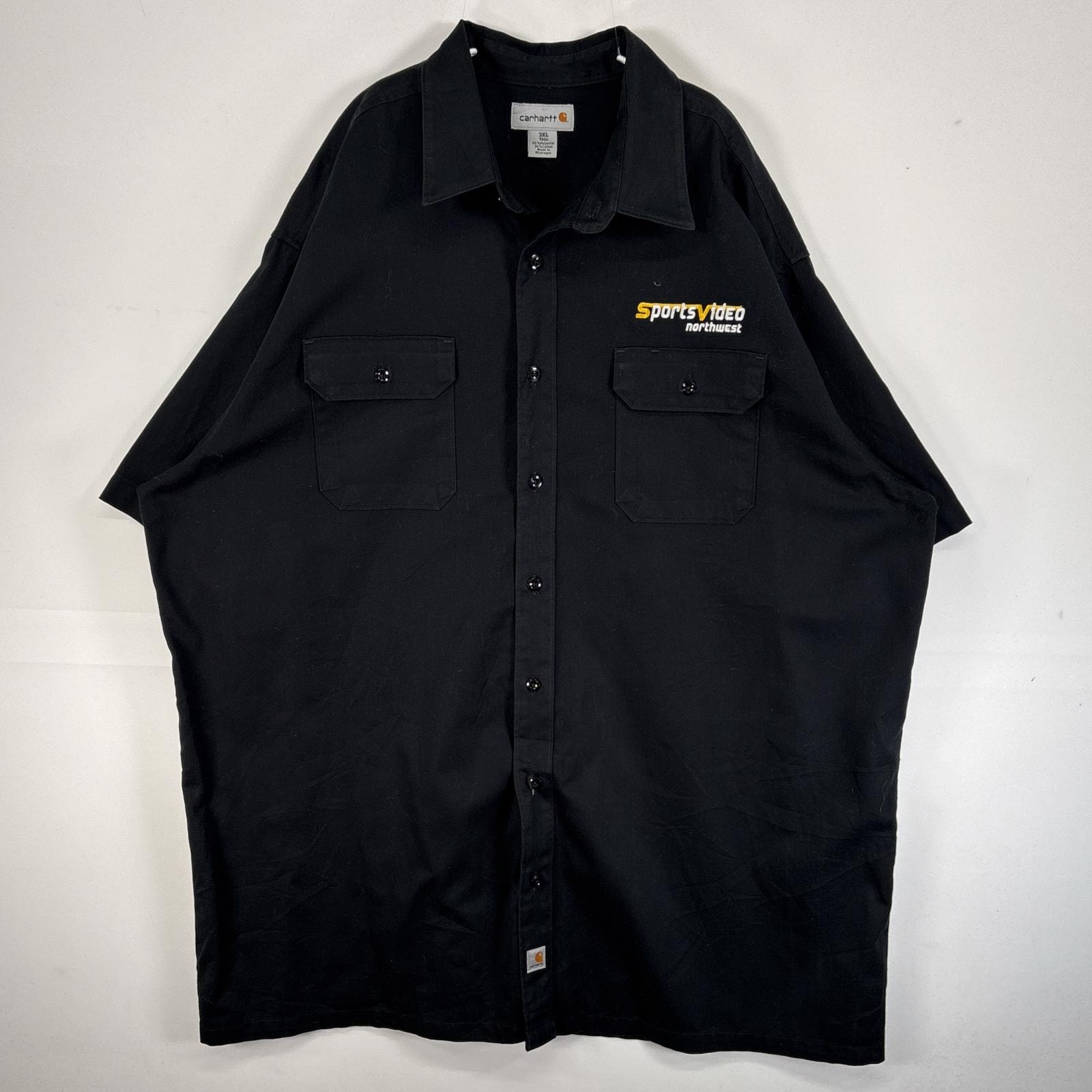 古着 カーハート Carhartt 半袖シャツ ワーク 作業着 フラップポケ 大きいサイズ 肉厚 ワンポイント ロゴ 3XL  ブラック 無地 メンズ