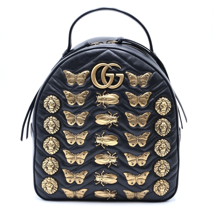 GUCCI(グッチ)GGマーモント アニマルスタッズ バックパック リュック ブラック レザー ゴールド金具 蝶 ライオン ビー 476671 レディース【中古】