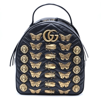GUCCI(グッチ)GGマーモント アニマルスタッズ バックパック リュック ブラック レザー ゴールド金具 蝶 ライオン ビー 476671 レディース【中古】