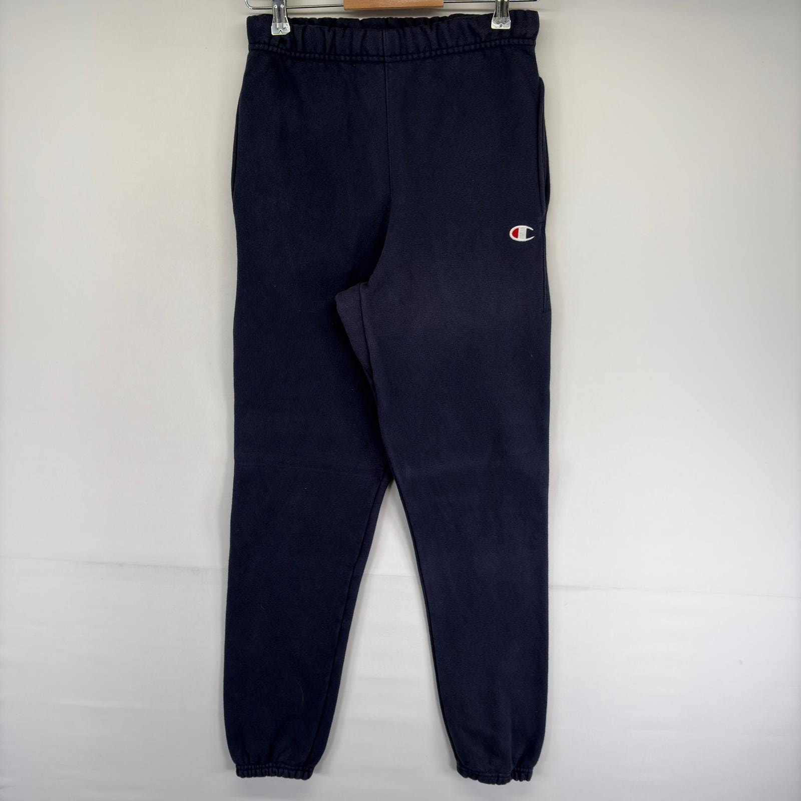 古着 チャンピオン Champion パンツ スウェットパンツ ワンポイント刺繍ロゴ ドローコード リバースウィーブ XS  ネイビー系 メンズ
