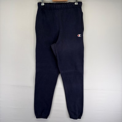 古着 チャンピオン Champion パンツ スウェットパンツ ワンポイント刺繍ロゴ ドローコード リバースウィーブ XS ネイビー系 メンズ