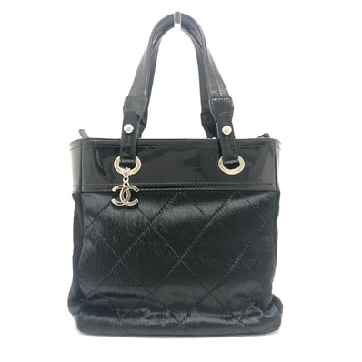 シャネル CHANEL CC ココマーク パリビアリッツPM A34208 エナメル×ハラコ×レザー トートバック カバン トートバッグ エナメル ブラック 美品
