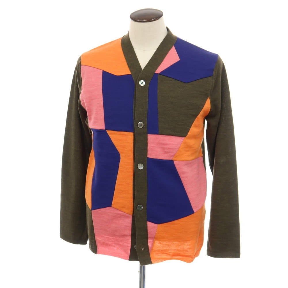 【中古】コムデギャルソン オムドゥ COMME des GARCONS HOMME DEUX 2025年秋冬 ウール パッチワーク ニット カーディガン カーキxマルチカラー【サイズL】【メンズ】