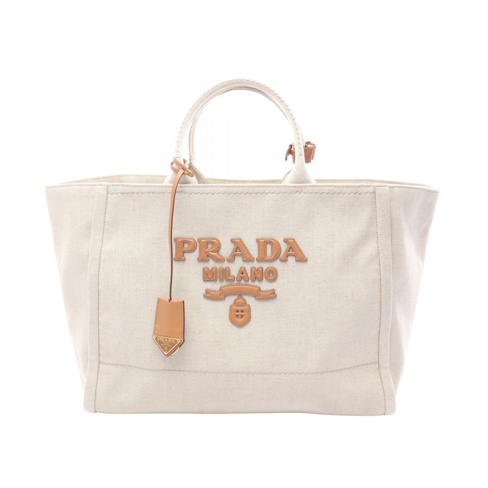 プラダ PRADA ジャルディニエール リネンブレンド トートバッグ バッグ キャンバス メンズ レディース アイボリー系 / ブラウン系 2VG125 【中古】