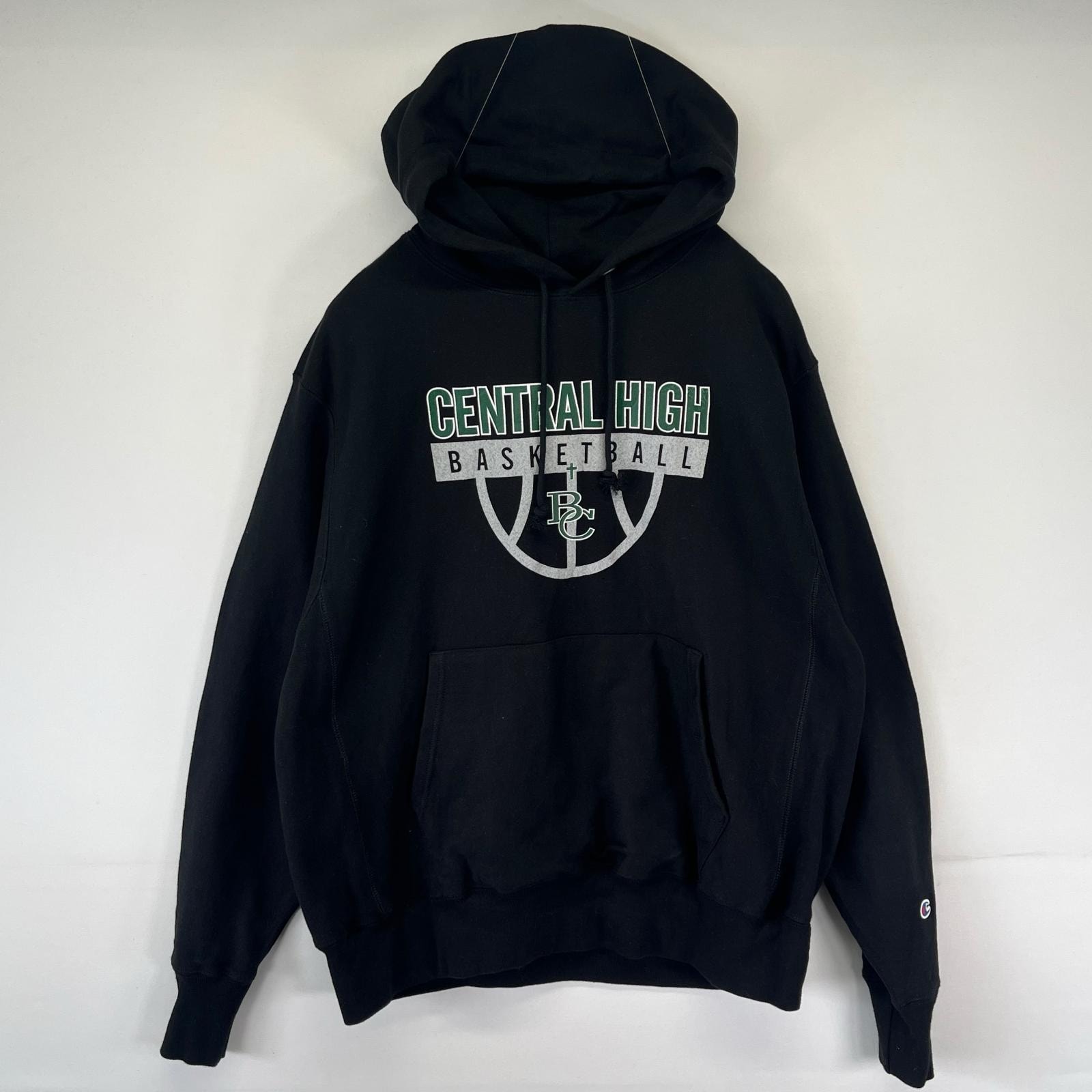 古着 チャンピオン Champion パーカー リバースウィーブ プルオーバー スウェット プリントデザイン L  ブラック メンズ