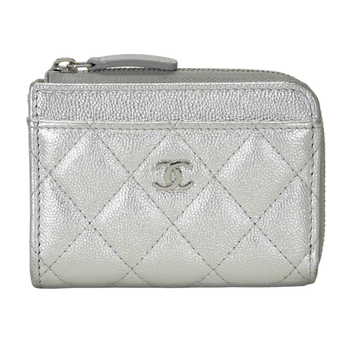 【渋谷並木橋店】CHANEL シャネル カードケース フラグメント ミニケース マトラッセ ココマーク 3ポケット シルバー グレインドカーフ(キャビアスキン) シルバー金具 AP4893 新品同様【中古】