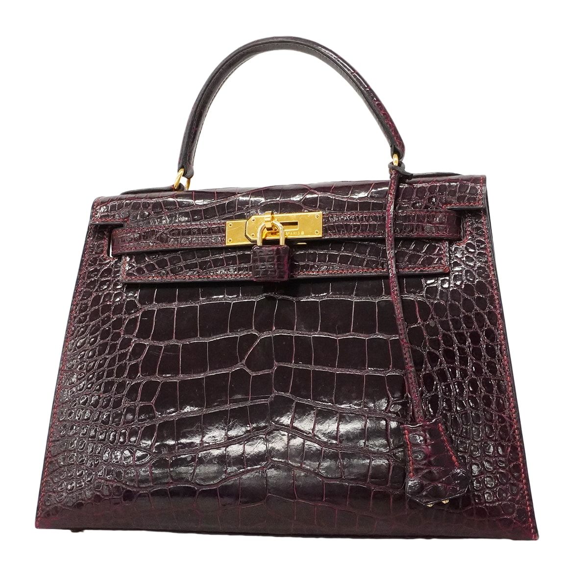 ★SALE【6fd5605-g】エルメス ハンドバッグ ケリー28 アリゲーター ボルドー ゴールド金具 〇W刻印【中古】レディース
