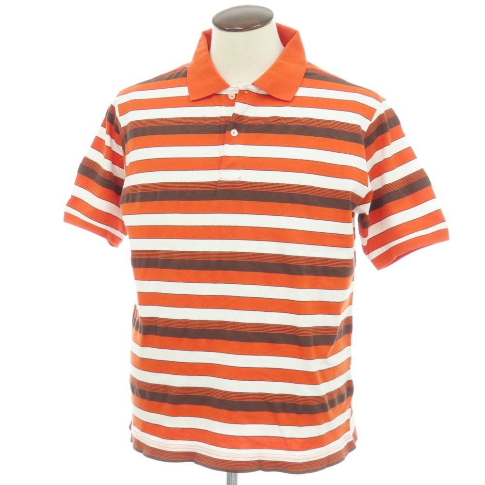 【中古】ビームスプラス BEAMS PLUS コットン ボーダー 半袖ポロシャツ オレンジxブラウン【サイズL】【メンズ】