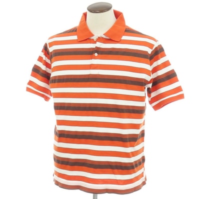 【中古】ビームスプラス BEAMS PLUS コットン ボーダー 半袖ポロシャツ オレンジxブラウン【サイズL】【メンズ】