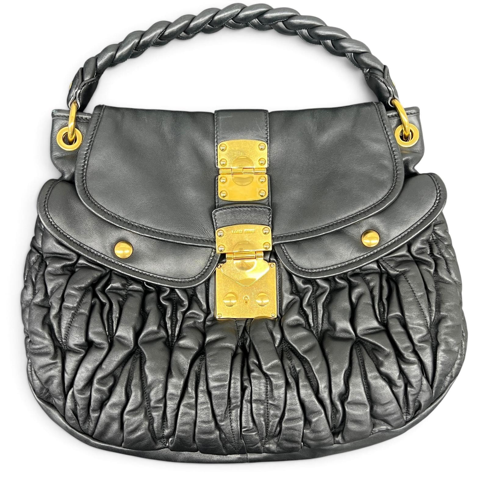 miumiu 希少 極美品 ミュウミュウ マテラッセ ホーボー 2way ショルダーバッグ ワンショルダー 肩掛け RR1300 ラムスキン レザー ブラック ロゴ 編み込み クロスボディ Y2K Aランク 中古 鑑定済 ミュウミュウバッグ