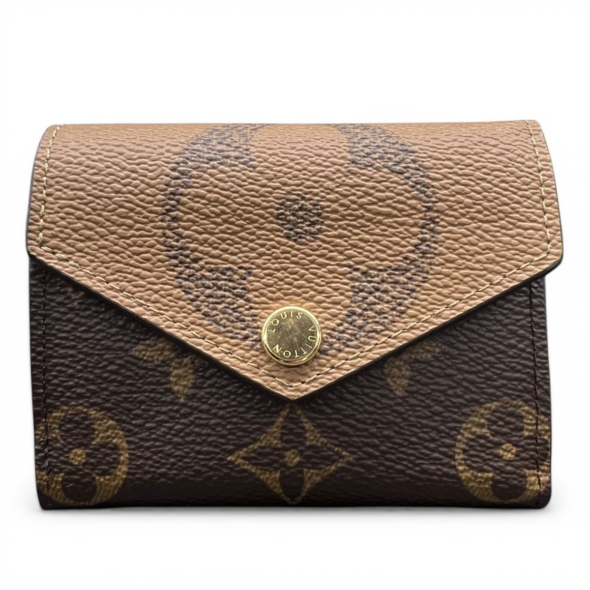 LOUIS VUITTON 展示品級 ルイヴィトン ポルトフォイユ ゾエ モノグラム ジャイアント リバース 三つ折り財布 M80725 PVC レザー RFID確認済 ブラウン ミニ財布 コンパクトウォレット LV ヴィトン 美品 SAランク 中古 鑑定済
