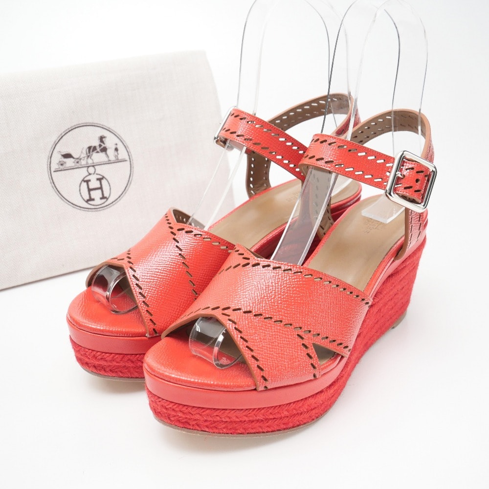 ■美品■HERMES エルメス Espadrille エスパドリーユ サンダル サイズ37 1/2 アンクル ストラップ プラットフォーム 厚底 ウェッジ レザー 靴 ブランド古着【中古】20250627/RA5278