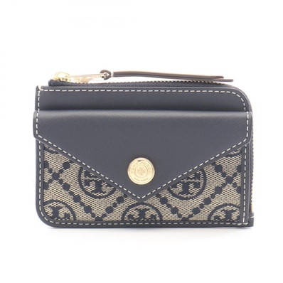 トリーバーチ Tory Burch Tモノグラム カードケース キーリング付き コインケース 財布 レザー キャンバス レディース ネイビー系 / ベージュ系 165035405 【新品】