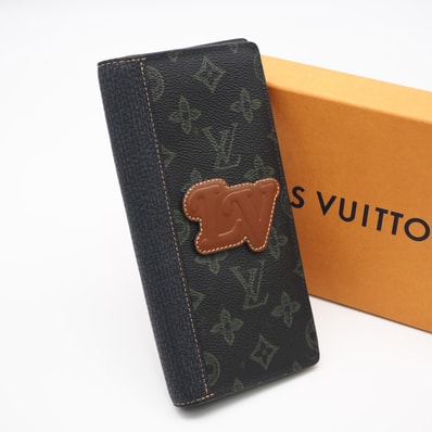 美品 LOUIS VUITTON ルイ・ヴィトン モノグラム ポルトフォイユ ブラザ NM LV フォール コレクション ダークグリーン M81807 長財布 ネイビー グリーン ブラウン コーティングキャンバス レザー メンズ