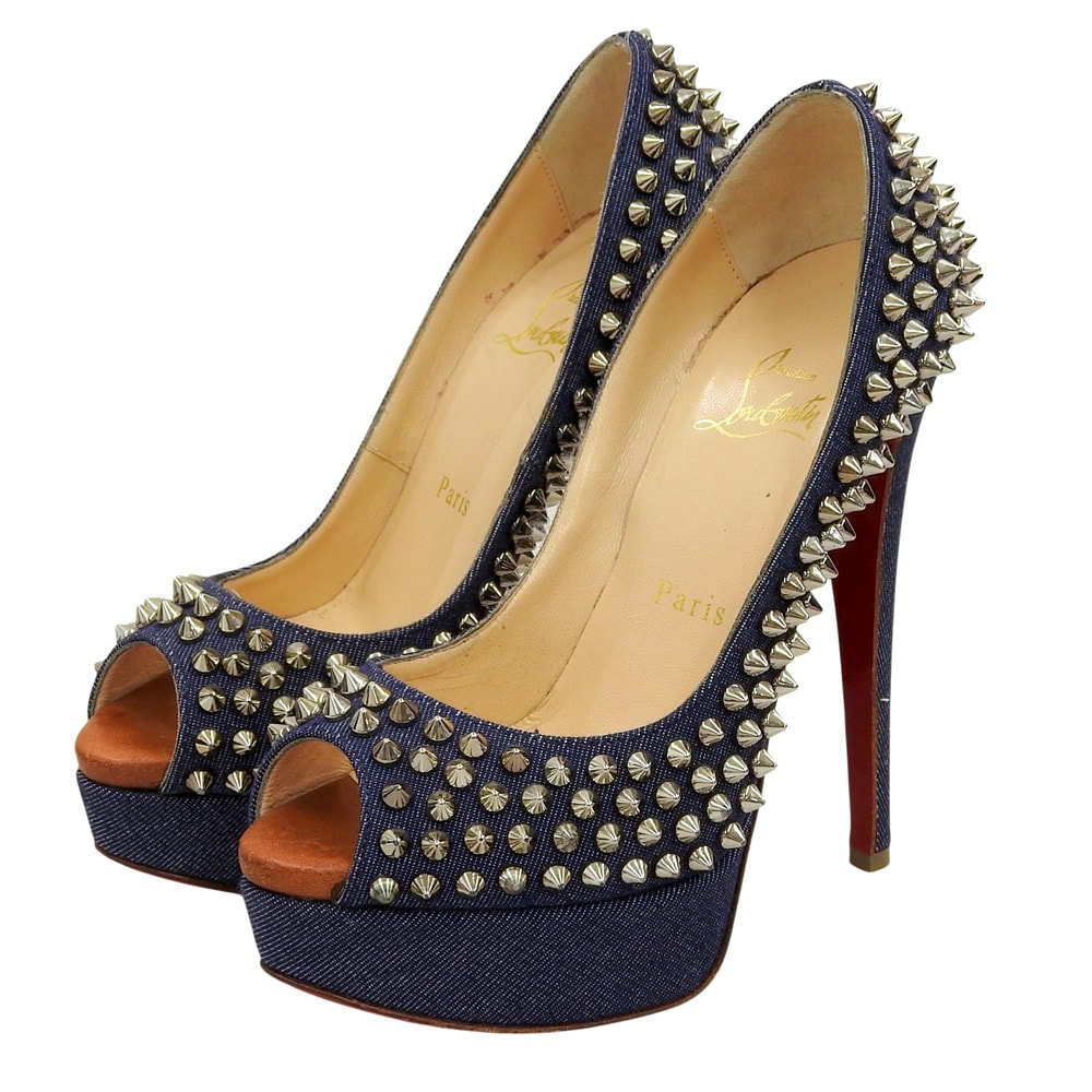 クリスチャンルブタン デニム スパイクスタッズ オープントゥ ヒールパンプス シューズ レディース インディゴ 35 35