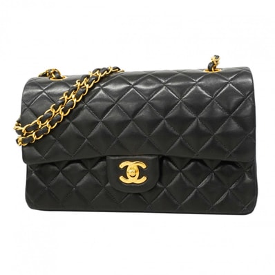 【6dd4570】シャネル ショルダーバッグ マトラッセ Wフラップ Wチェーン ラムスキン ブラック ゴールド金具【中古】レディース