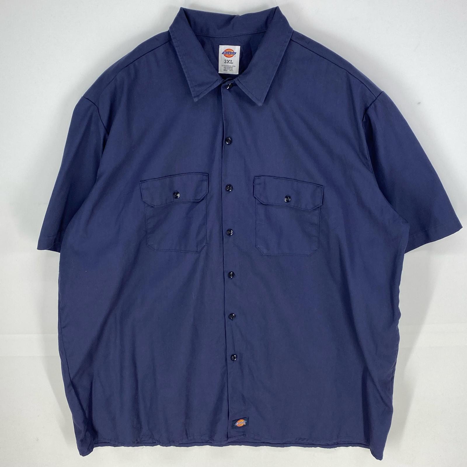 古着 ディッキーズ Dickies 長袖シャツ ワーク ボタンダウン 大きいサイズ 作業着 胸ポケット 3XL ネイビー系 無地 メンズ