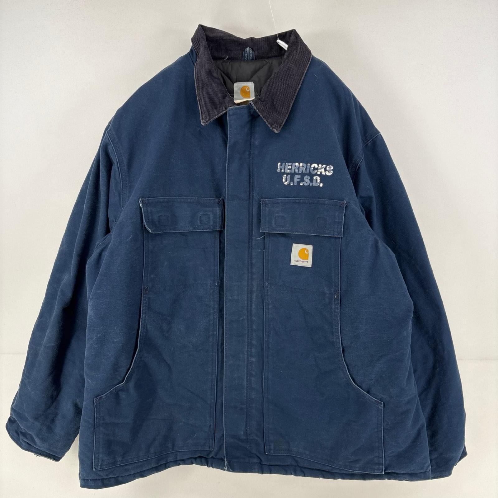 古着 カーハート Carhartt USA製 ダック ジャケット 中綿 ロゴ トラディショナルコート 大きいサイズ フルジップ ネイビー メンズ