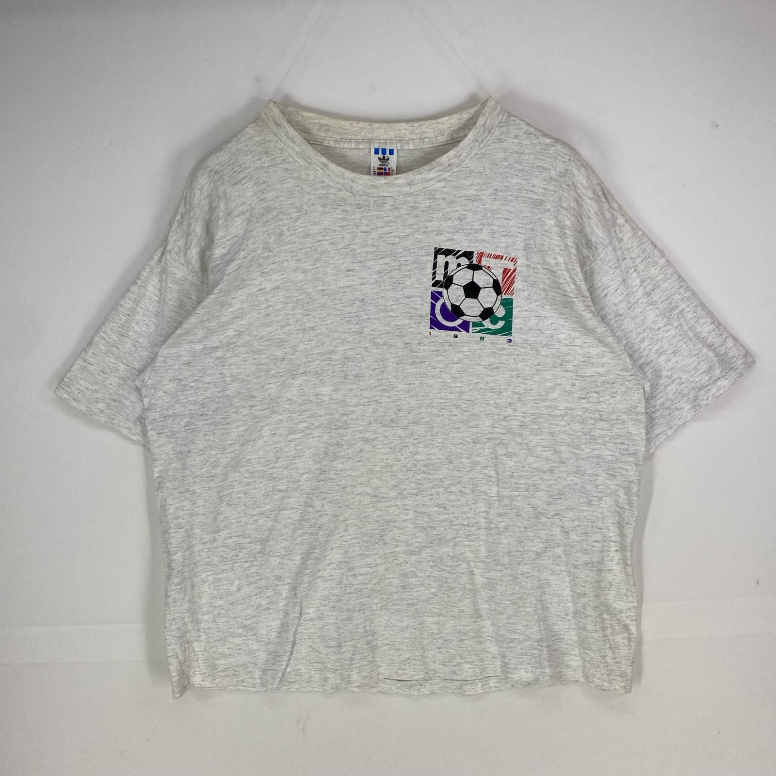 古着 90's/90年代 アディダス adidas USA製 半袖Tシャツ クルーネック トレフォイルロゴ XL  グレー系 両面プリント メンズ