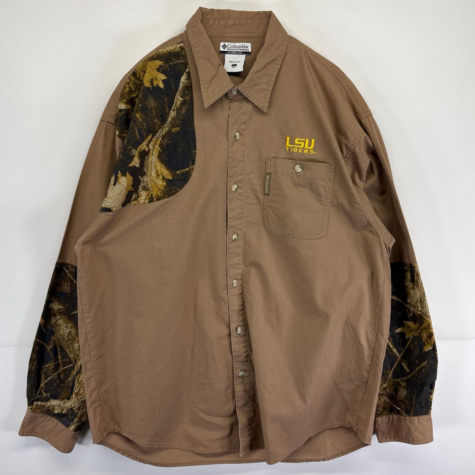 古着 コロンビア Columbia 長袖シャツ リアルツリーカモフラ ワーク 胸ポケット L  ブラウン系 メンズ