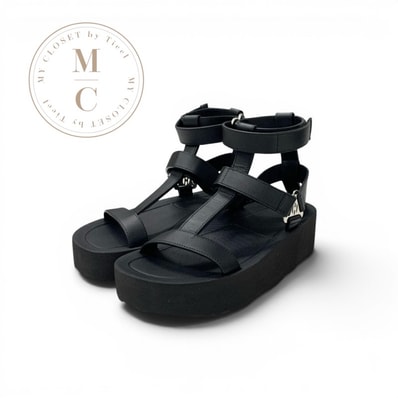 エルメス HERMES エニド サンダル 靴 シューズ レザー ブラック 黒 シルバー Hディアマンバックル ベルクロ アンクルストラップ スポーツサンダル