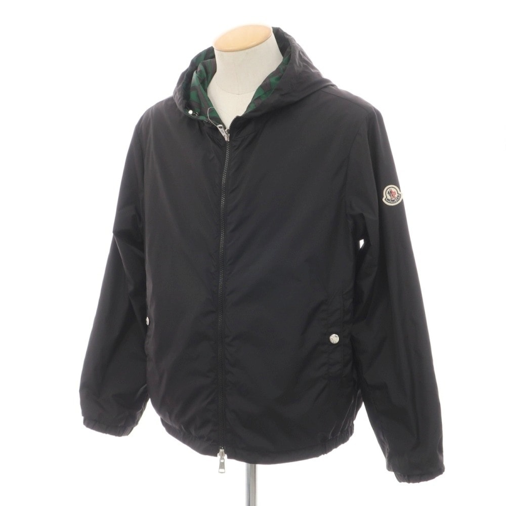 【中古】モンクレール MONCLER リバーシブル 無地×ロゴプリント フーデッドブルゾン ブラックxグリーン【サイズ1】【メンズ】