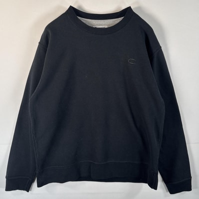 古着 チャンピオン Champion スウェット トレーナー クルーネック ワンポイントロゴ刺繍 L ブラック 無地 メンズ