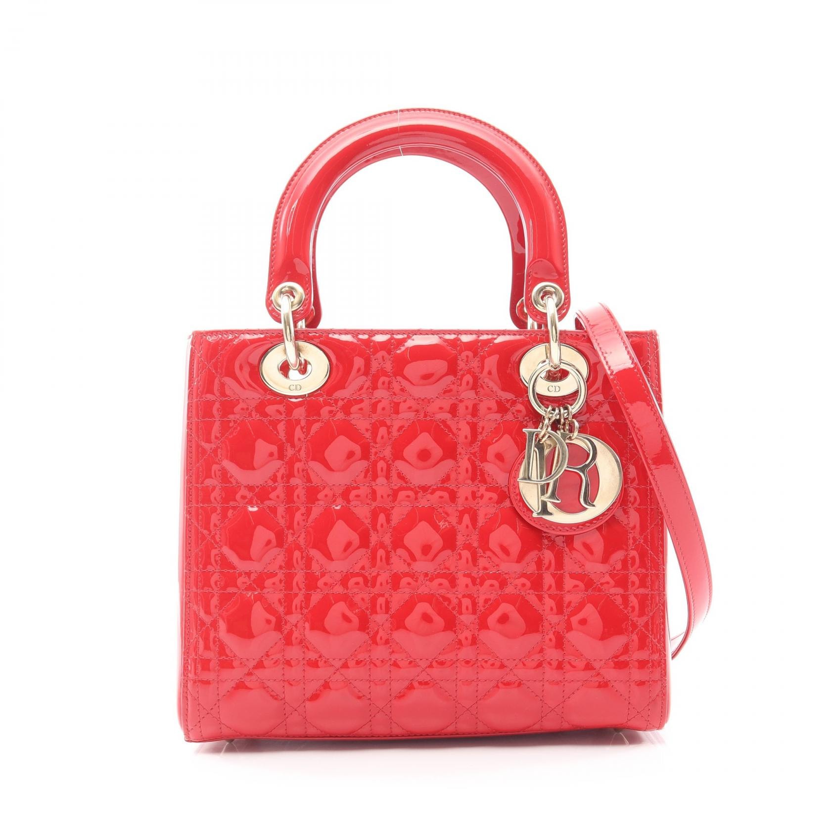 ディオール Dior LADY DIOR レディディオール カナージュ 2WAY ハンドバッグ バッグ パテントレザー レディース レッド系 【中古】