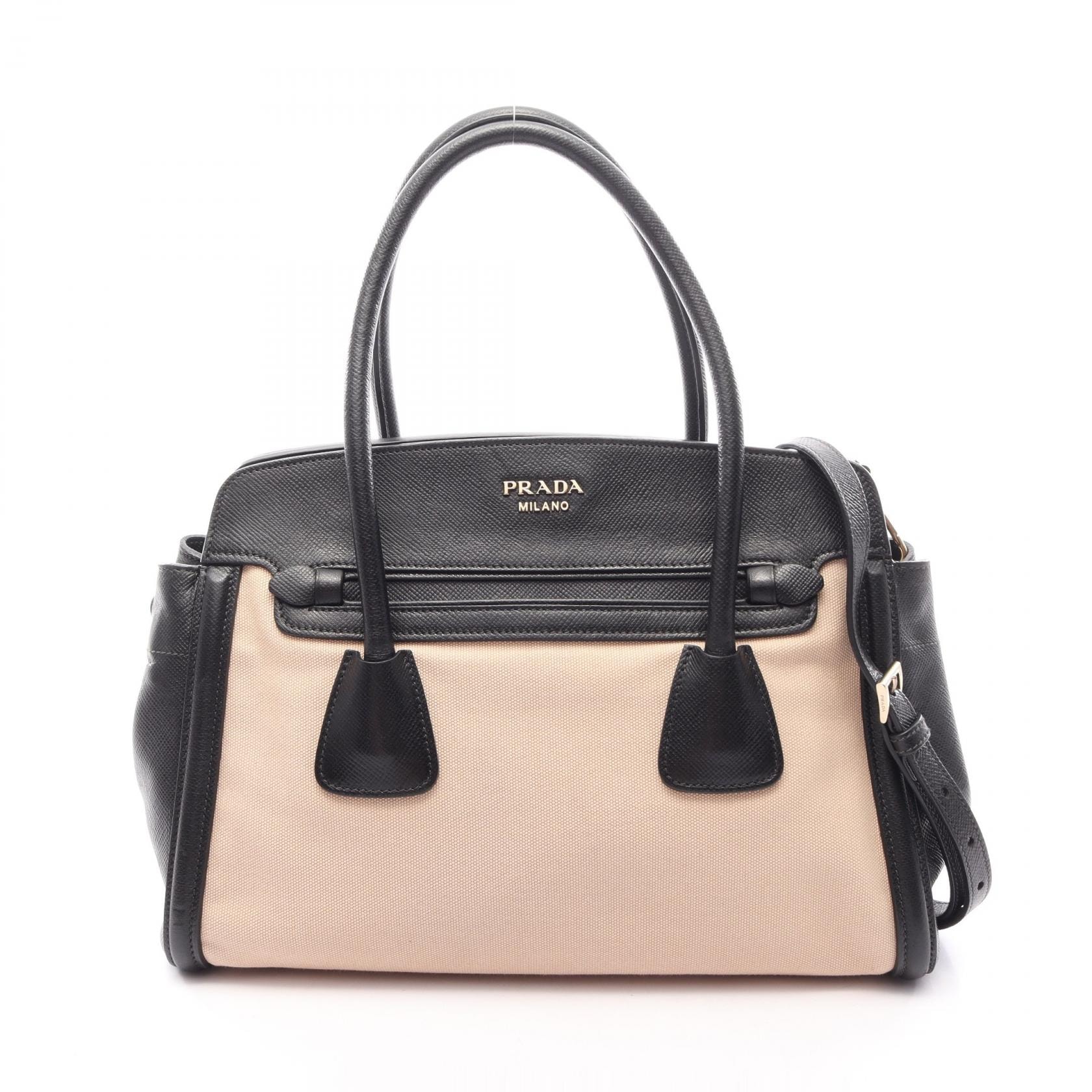 プラダ PRADA ロゴ 2WAY ハンドバッグ バッグ キャンバス サフィアーノレザー レディース アイボリー系 / ブラック系 【中古】