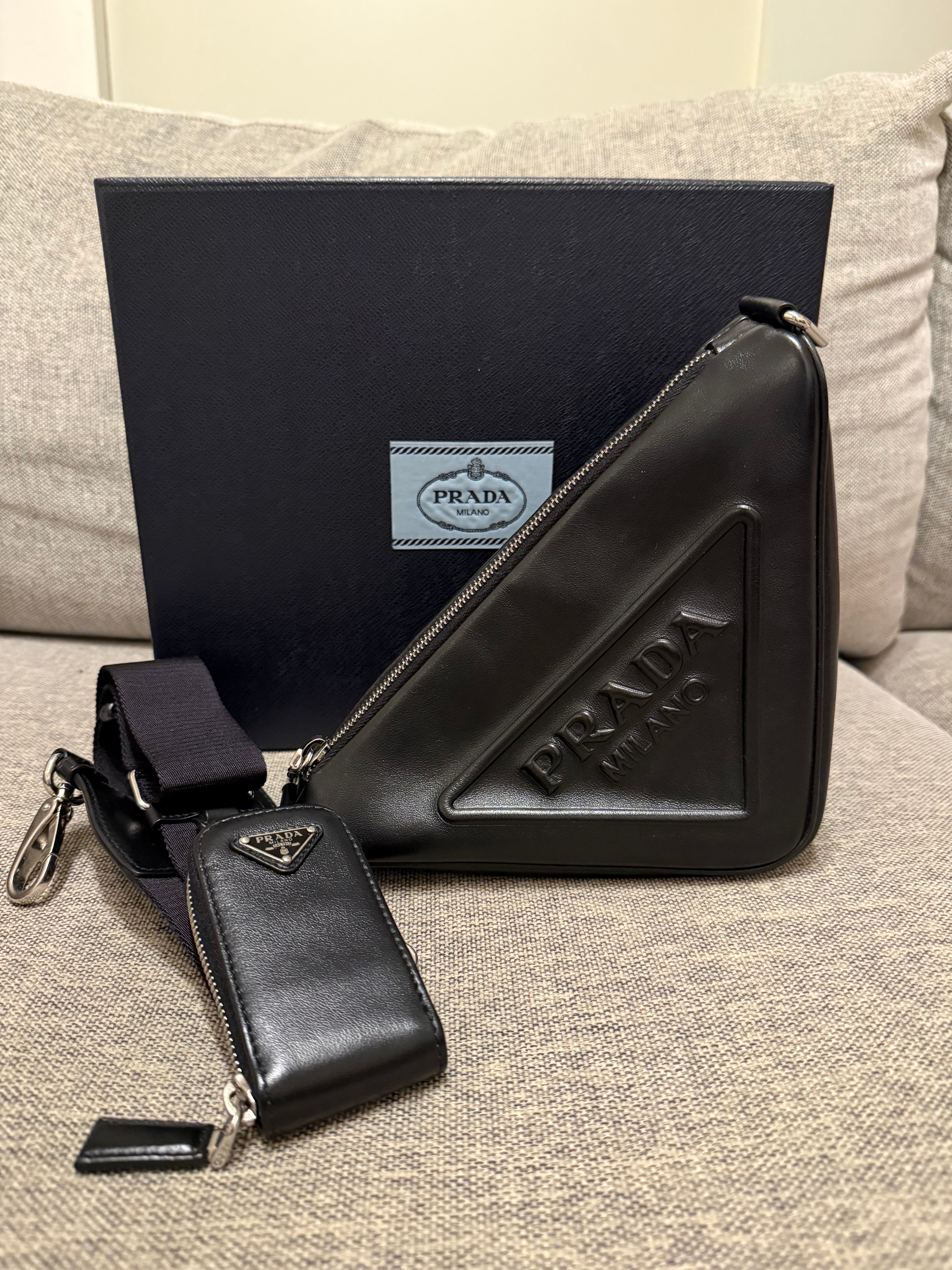 PRADA Triangle Leather Shoulder Bag "Black"
