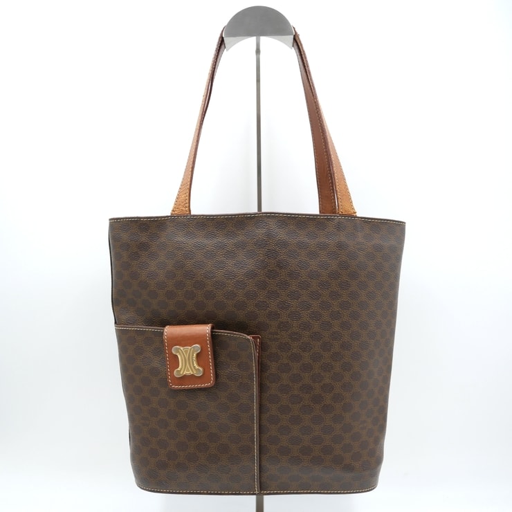 CELINE(セリーヌ)マカダム ヴィンテージ トートバッグ ブラウン PVC レザー トリオンフ金具 レディース 肩掛け イタリア製【中古】